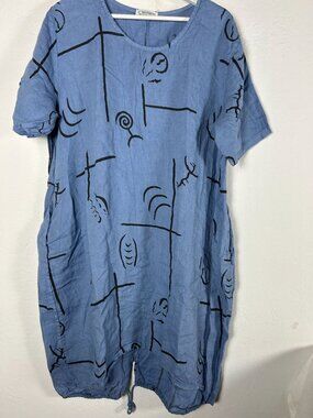T by Transparente Blue Linen Abstract Print Short Sleeve Shift Dress Size 1